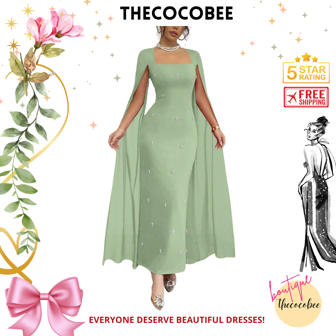 #122 Mint Green French Elegant Daily Party Fitted Rhinestoned Luxurious Chiffon Sheer Knitted Stretchy Red Dress, Fishtail Hem, For Women, Autumn/Winter