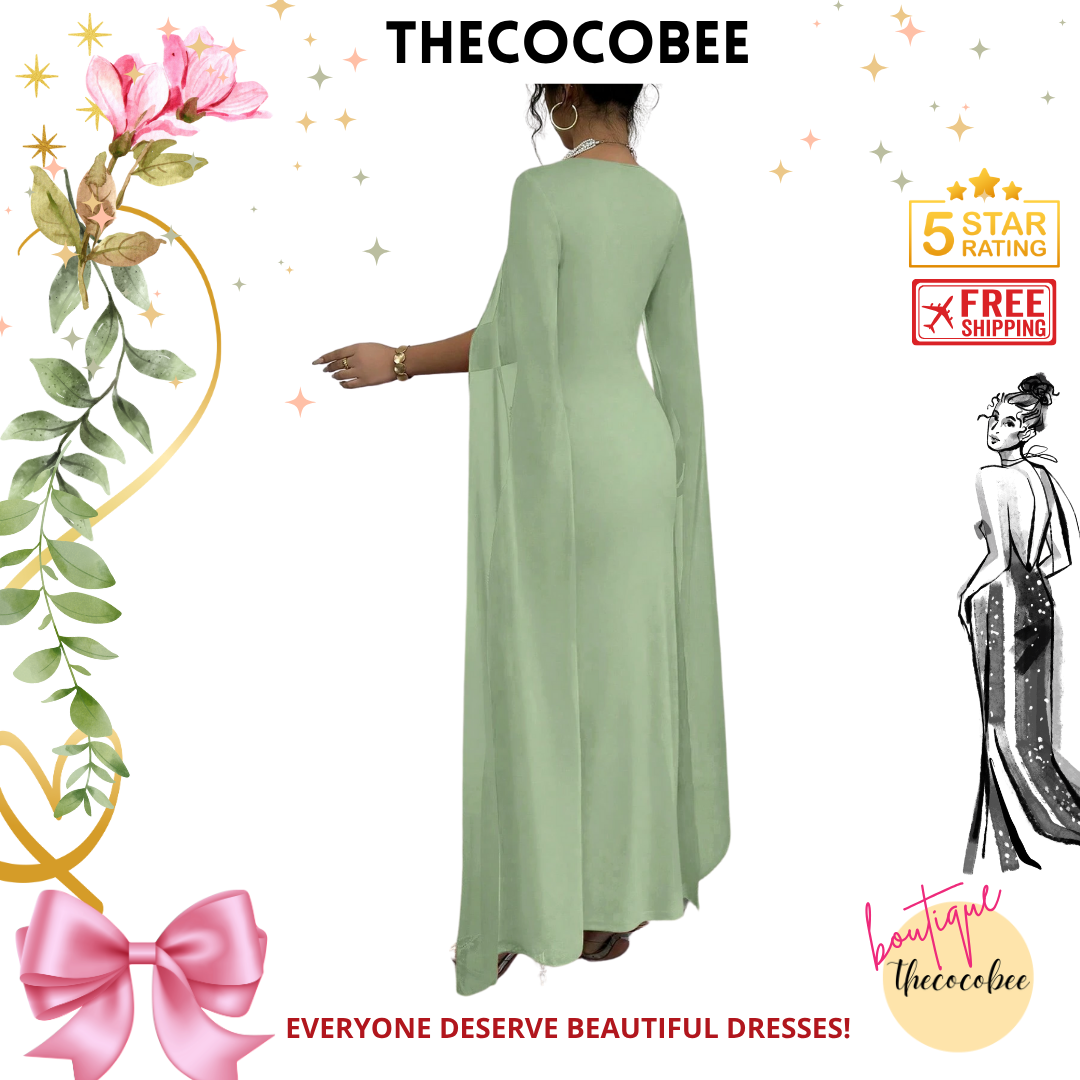 #122 Mint Green French Elegant Daily Party Fitted Rhinestoned Luxurious Chiffon Sheer Knitted Stretchy Red Dress, Fishtail Hem, For Women, Autumn/Winter