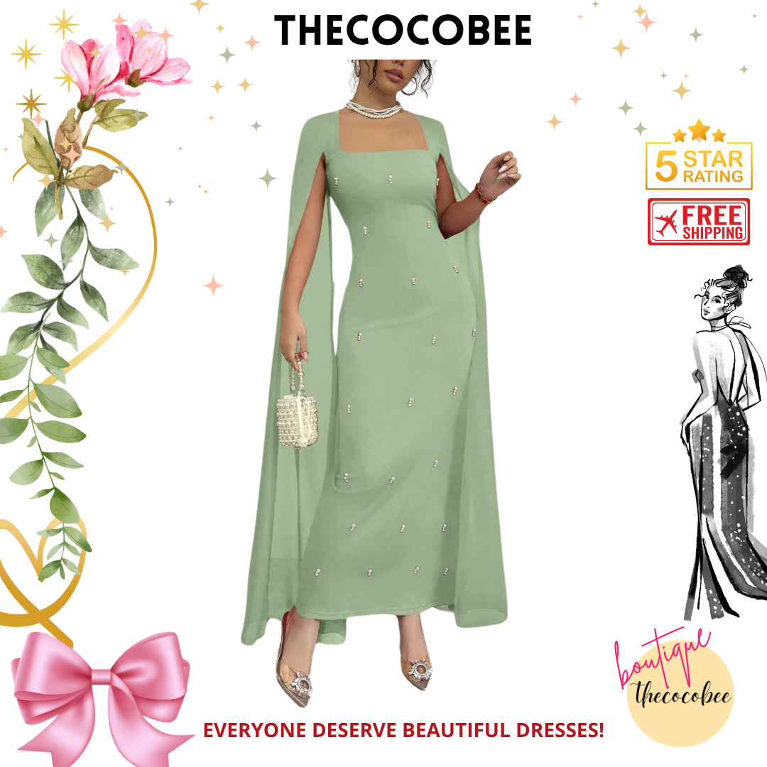 #122 Mint Green French Elegant Daily Party Fitted Rhinestoned Luxurious Chiffon Sheer Knitted Stretchy Red Dress, Fishtail Hem, For Women, Autumn/Winter