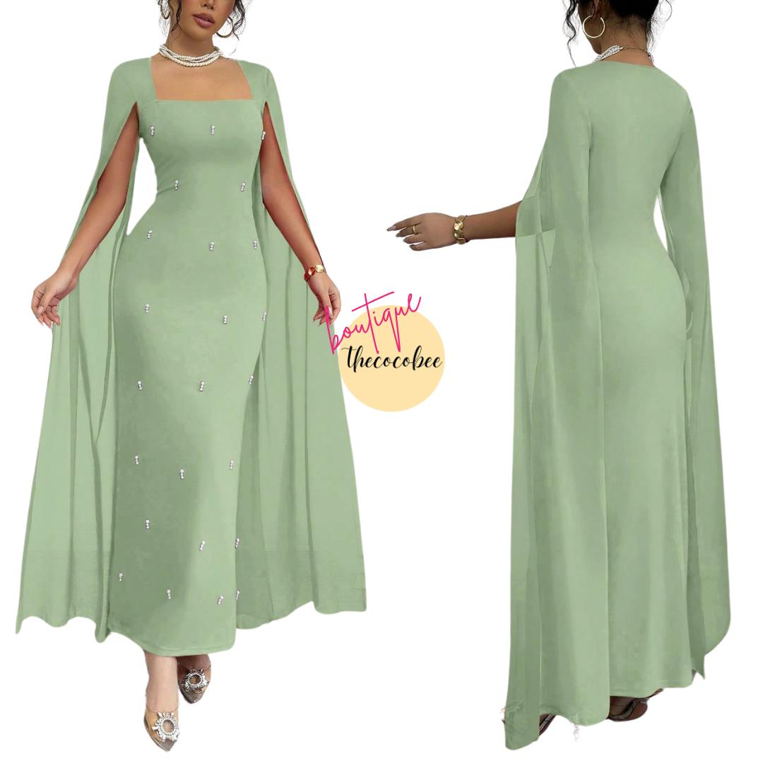 #122 Mint Green French Elegant Daily Party Fitted Rhinestoned Luxurious Chiffon Sheer Knitted Stretchy Red Dress, Fishtail Hem, For Women, Autumn/Winter