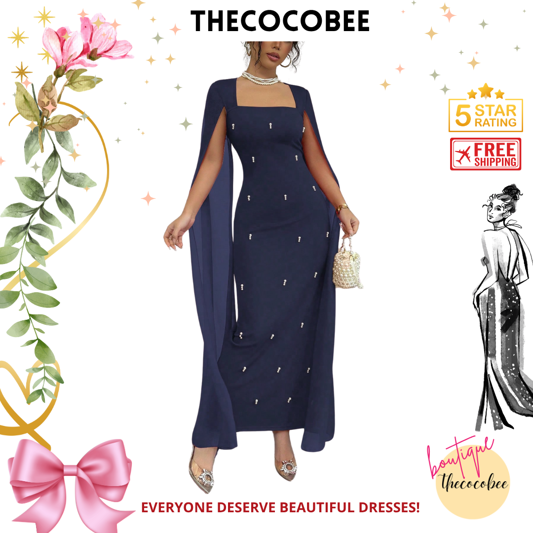 #122 Navy Blue Elegant French Banquet Slim Fit Rhinestone-Studded Luxurious Chiffon Sheer Knit Stretchy Red Dress, Long Fishtail, Autumn/Winter