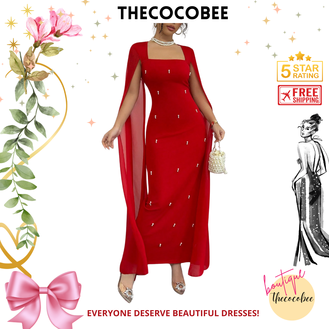 #122 Red French Elegant Daily Party Event Fitted Rhinestone Luxurious Shawl Collar Chiffon Sheer Knitted Stretchy Red Women Dress, Maxi Mermaid Gown For Autumn/Winter