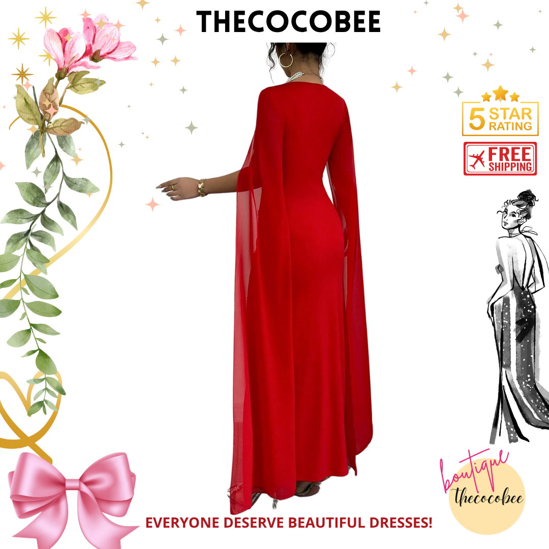 #122 Red French Elegant Daily Party Event Fitted Rhinestone Luxurious Shawl Collar Chiffon Sheer Knitted Stretchy Red Women Dress, Maxi Mermaid Gown For Autumn/Winter