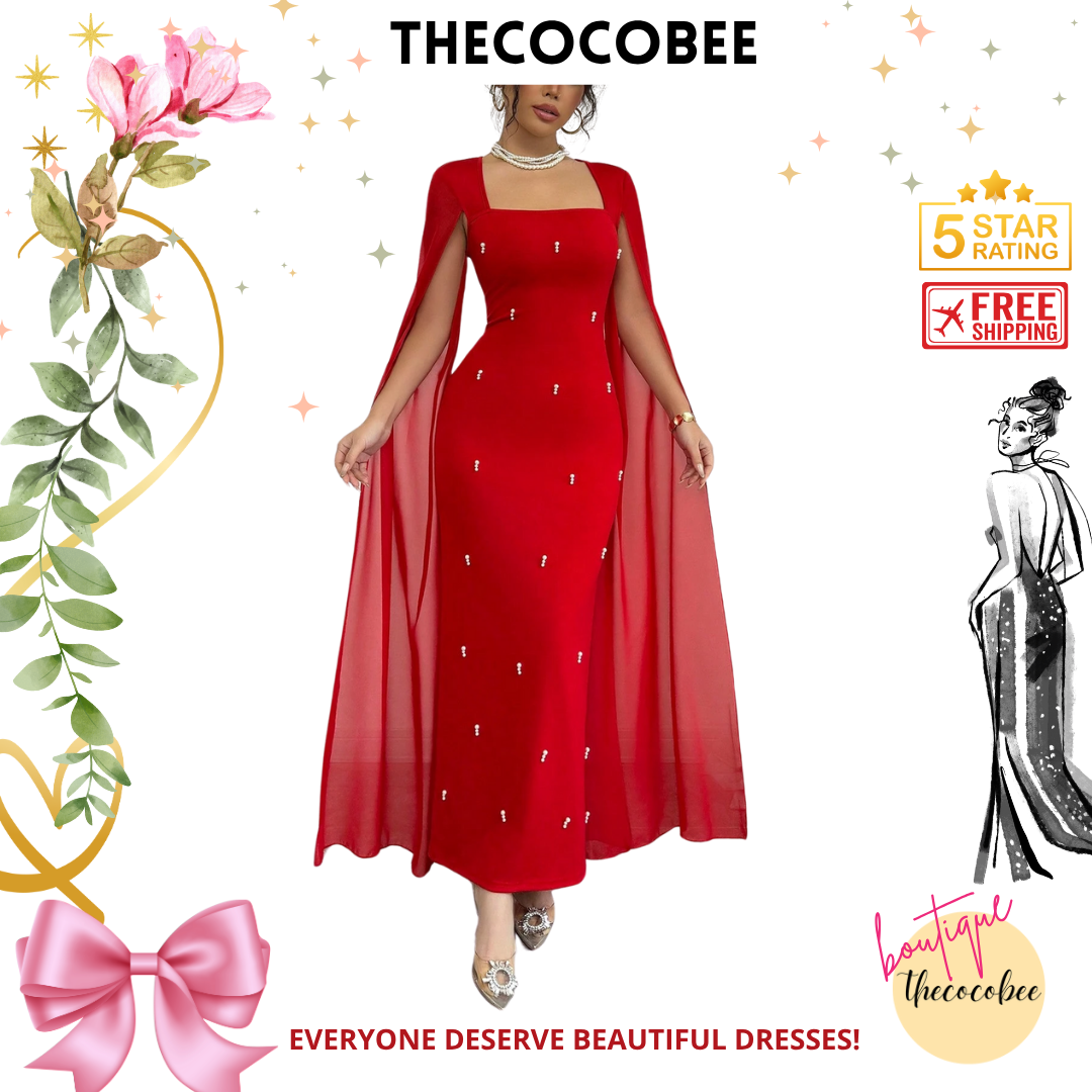 #122 Red French Elegant Daily Party Event Fitted Rhinestone Luxurious Shawl Collar Chiffon Sheer Knitted Stretchy Red Women Dress, Maxi Mermaid Gown For Autumn/Winter
