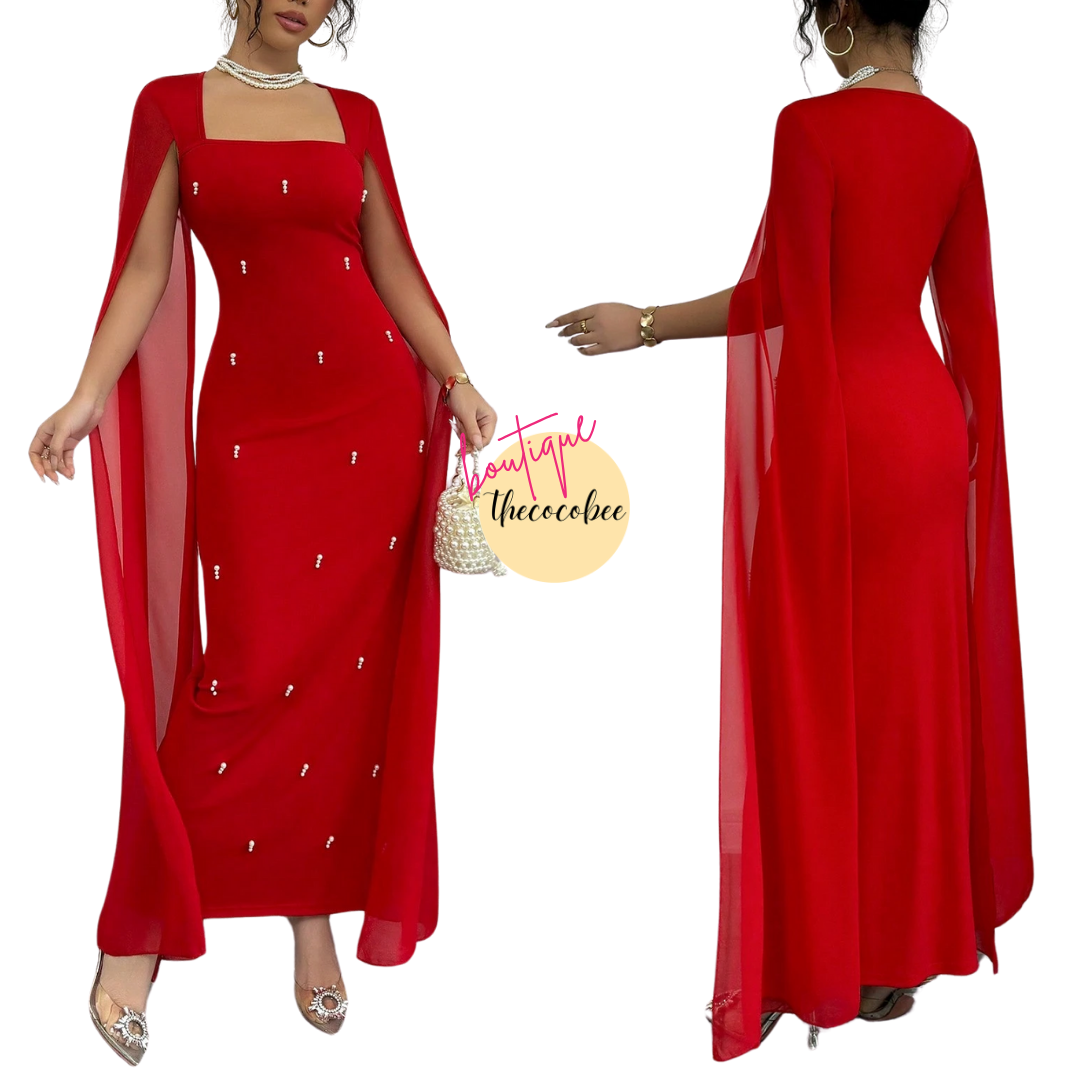 #122 Red French Elegant Daily Party Event Fitted Rhinestone Luxurious Shawl Collar Chiffon Sheer Knitted Stretchy Red Women Dress, Maxi Mermaid Gown For Autumn/Winter