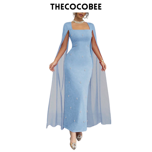 #122 Baby Blue French Elegant Daily Or Banquet Fitted Rhinestone Luxurious Shawl Collar Chiffon See-Through Stretch Knit Red Dress, Long Fishtail Hem Gown For Autumn/Winter