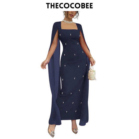 #122 Navy Blue Elegant French Banquet Slim Fit Rhinestone-Studded Luxurious Chiffon Sheer Knit Stretchy Red Dress, Long Fishtail, Autumn/Winter