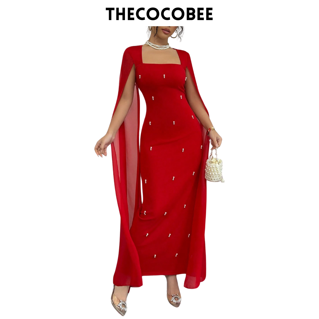 #122 Red French Elegant Daily Party Event Fitted Rhinestone Luxurious Shawl Collar Chiffon Sheer Knitted Stretchy Red Women Dress, Maxi Mermaid Gown For Autumn/Winter