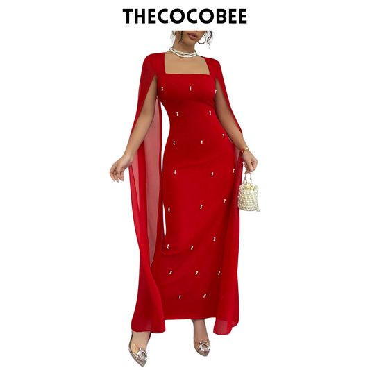 #122 Red French Elegant Daily Party Event Fitted Rhinestone Luxurious Shawl Collar Chiffon Sheer Knitted Stretchy Red Women Dress, Maxi Mermaid Gown For Autumn/Winter