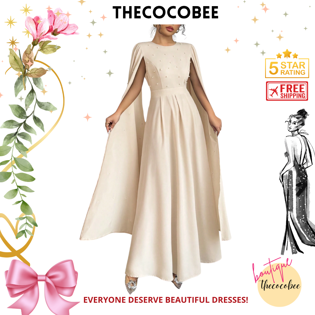 #123 Apricot Luxury Pearl Decorated Evening Gown