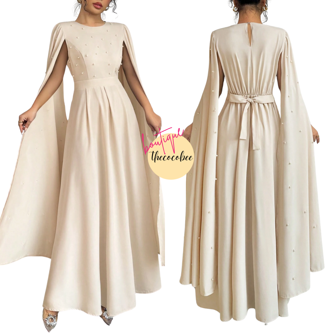 #123 Apricot Luxury Pearl Decorated Evening Gown