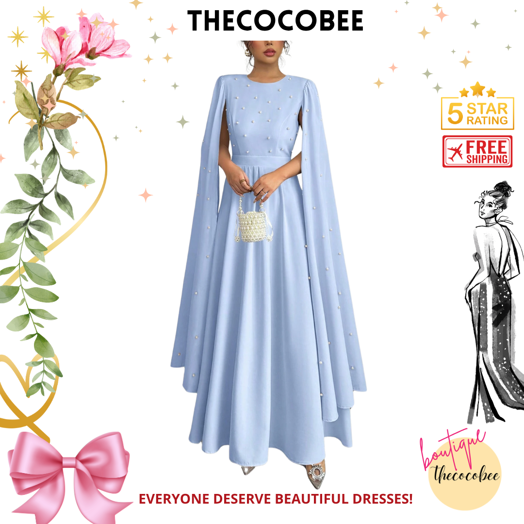 #123 Baby Blue Luxury Elegant Pearl Decorated Evening Dress
