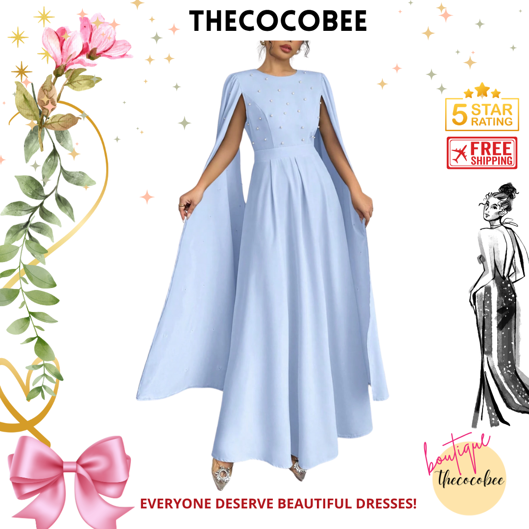 #123 Baby Blue Luxury Elegant Pearl Decorated Evening Dress