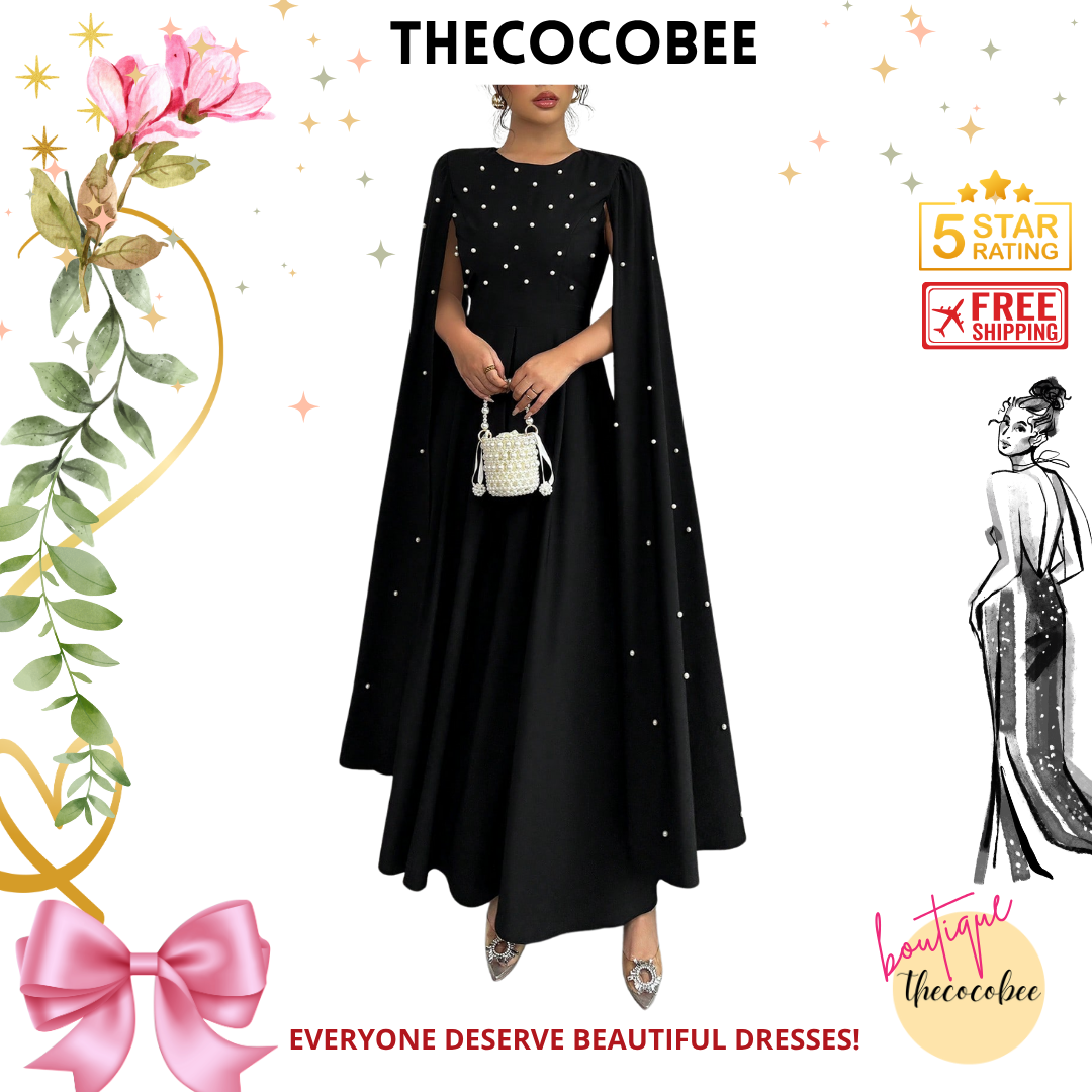 #123 Black Pearl Decor Cape Sleeve Luxurious Elegant Evening Dress