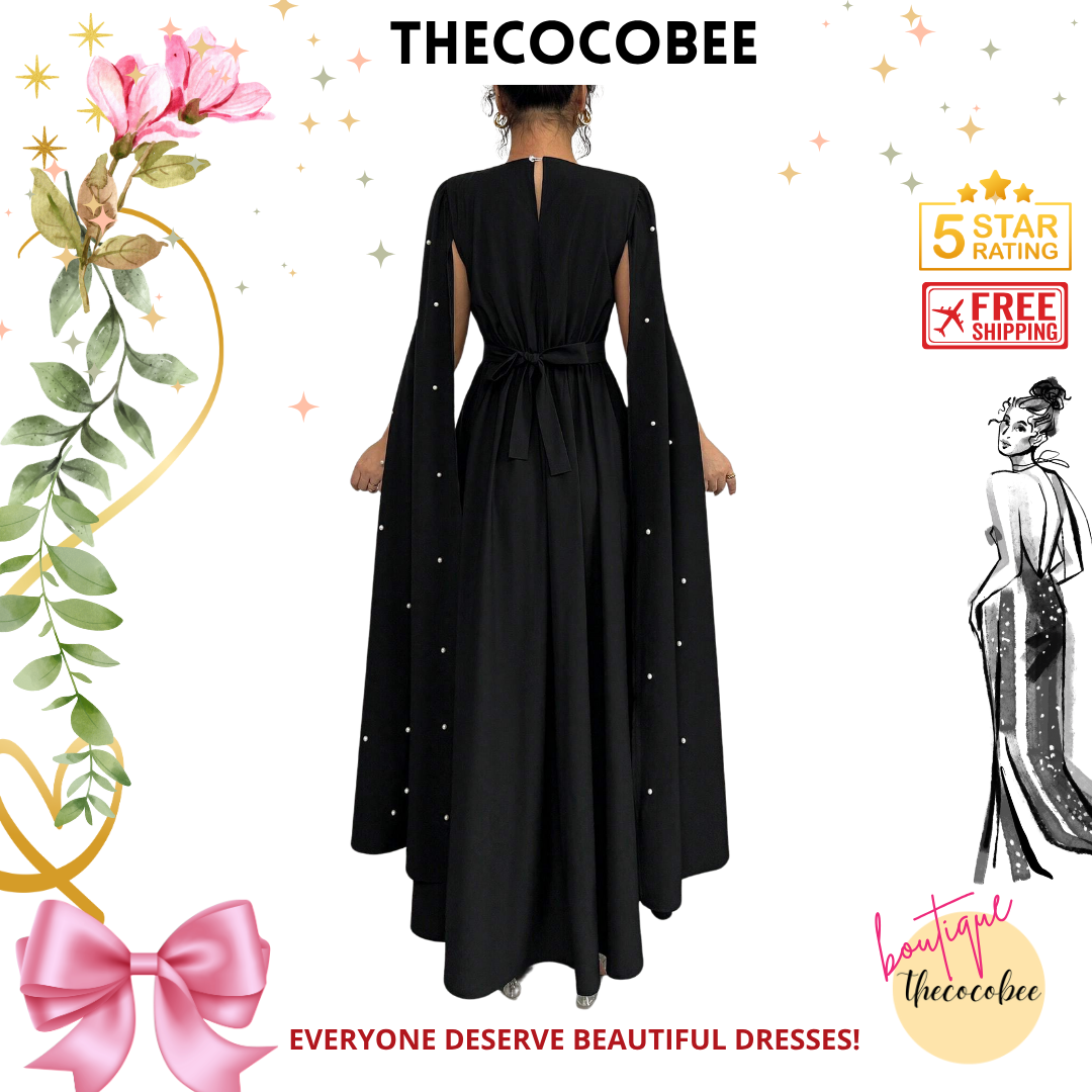 #123 Black Pearl Decor Cape Sleeve Luxurious Elegant Evening Dress