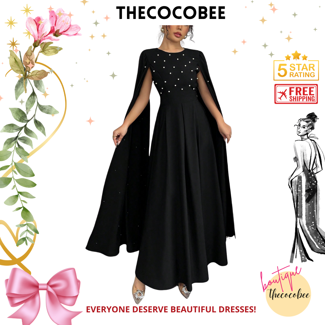 #123 Black Pearl Decor Cape Sleeve Luxurious Elegant Evening Dress