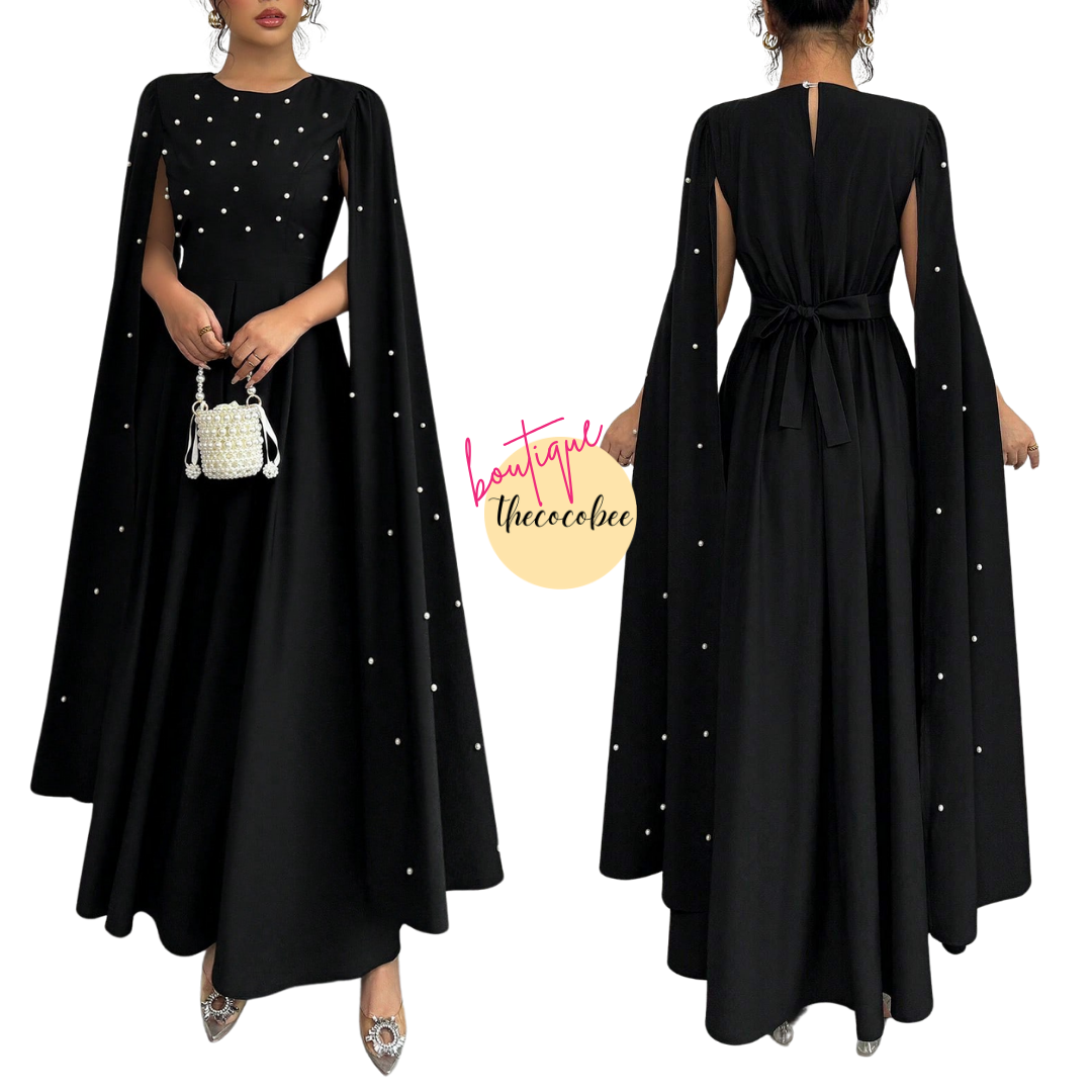 #123 Black Pearl Decor Cape Sleeve Luxurious Elegant Evening Dress
