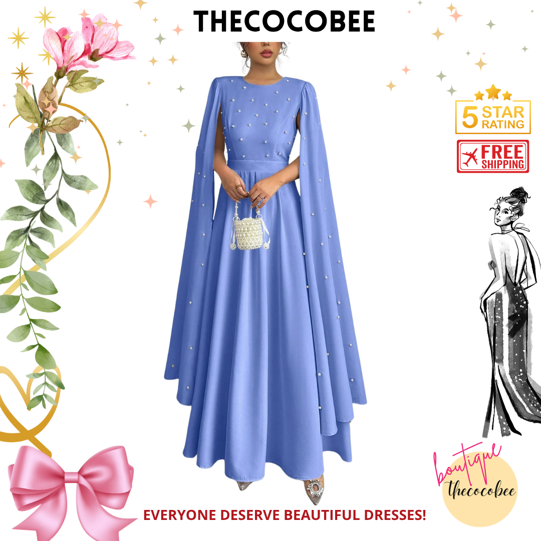 #123 Blue Luxury Pearl Embellished Evening Gown