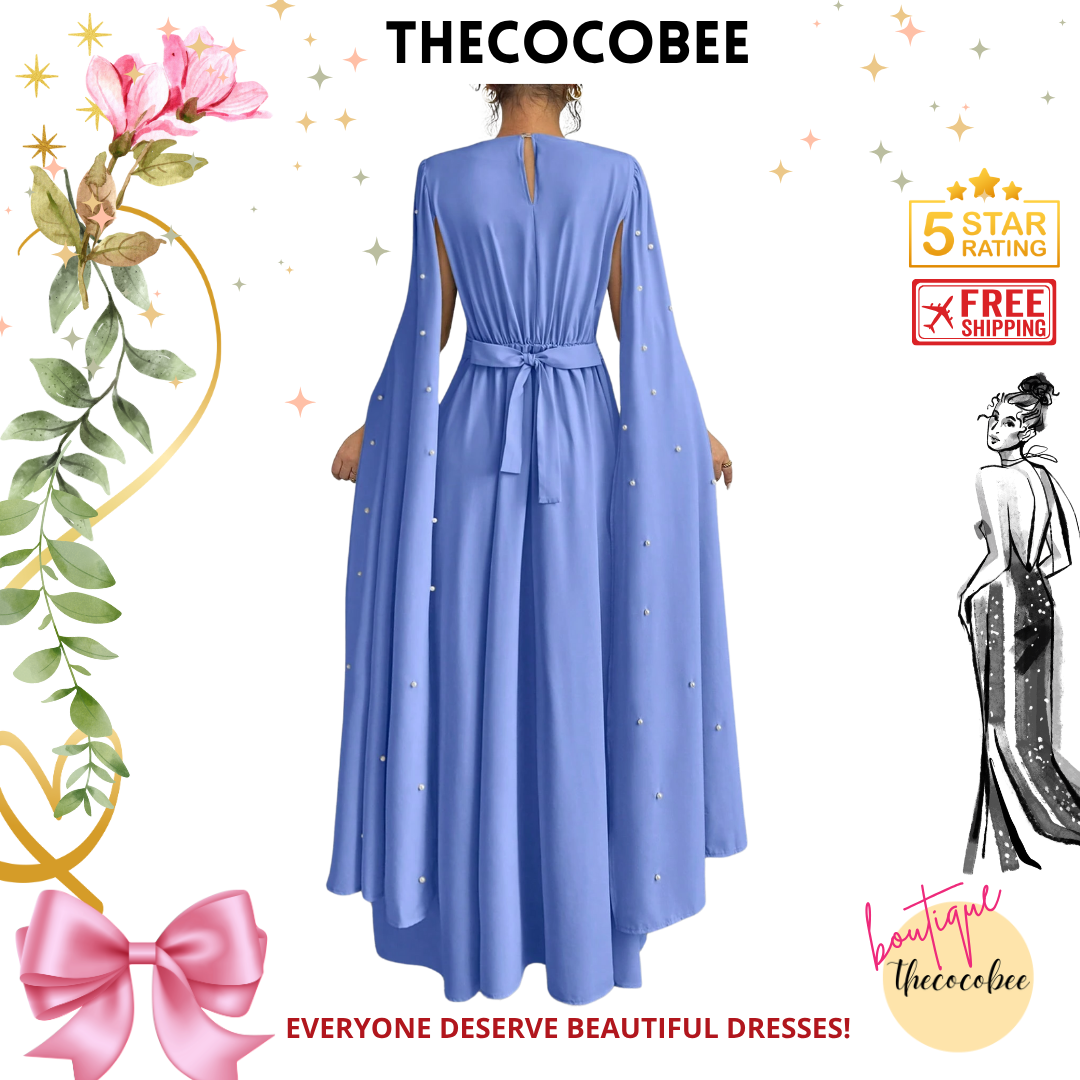 #123 Blue Luxury Pearl Embellished Evening Gown
