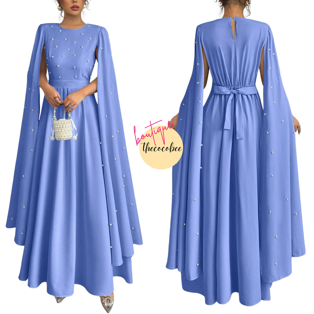 #123 Blue Luxury Pearl Embellished Evening Gown