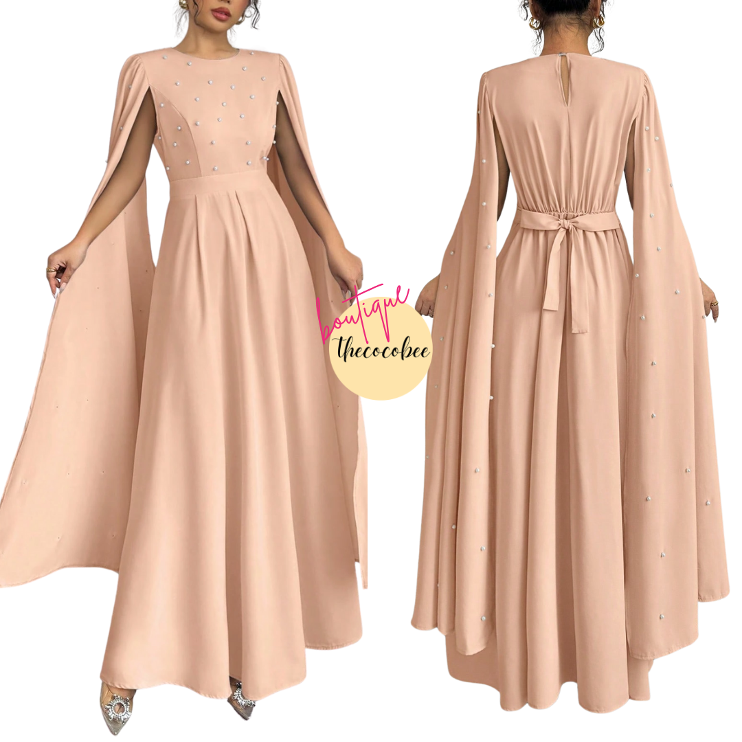 #123 Coral Pink Pearl Decor Luxury Evening Dress