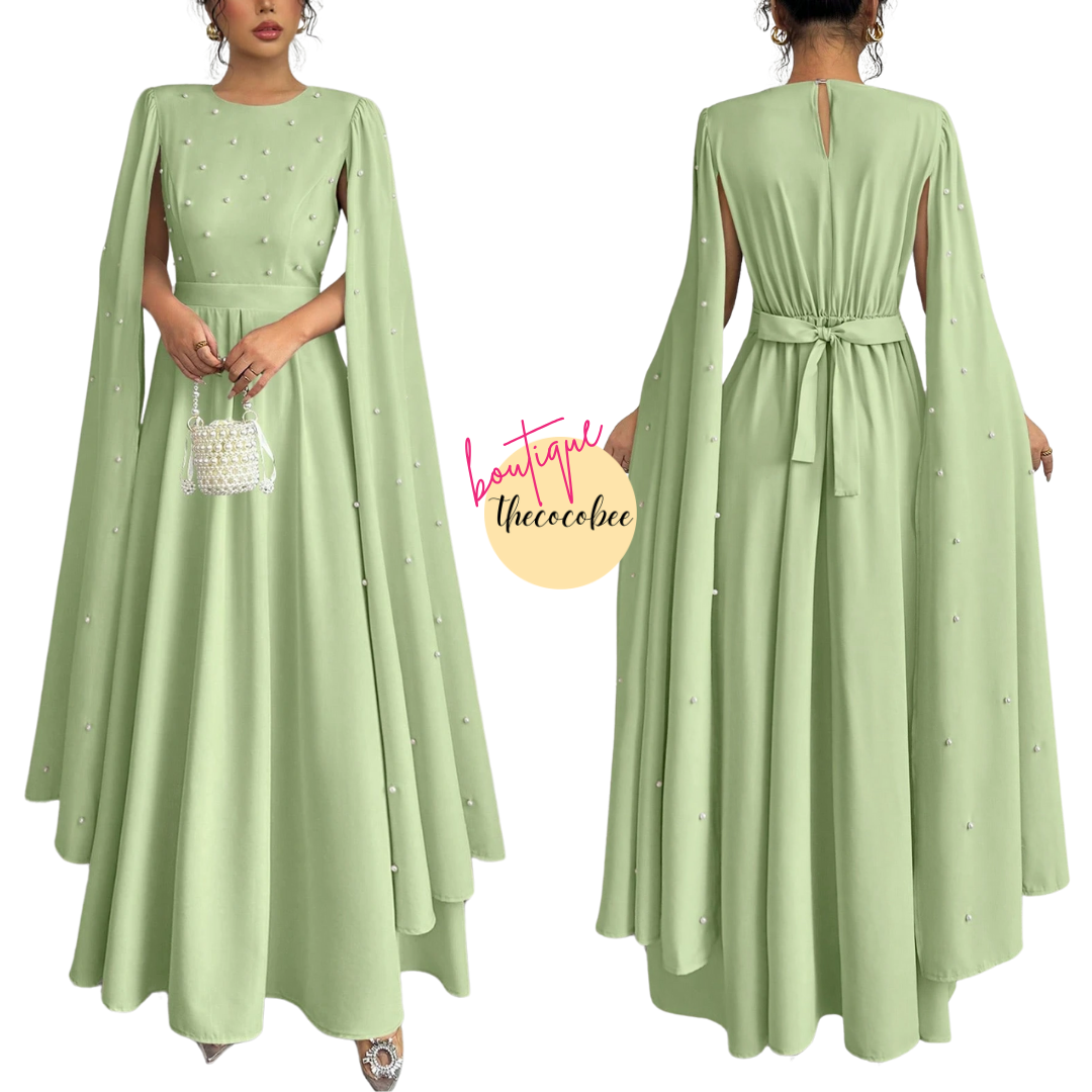 #123 Mint Green Luxury Pearl Decorated Evening Dress