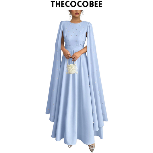 #123 Baby Blue Luxury Elegant Pearl Decorated Evening Dress