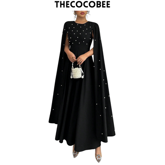 #123 Black Pearl Decor Cape Sleeve Luxurious Elegant Evening Dress