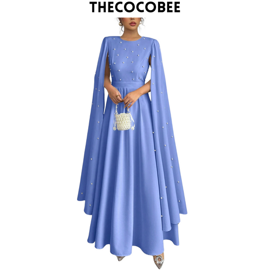 #123 Blue Luxury Pearl Embellished Evening Gown