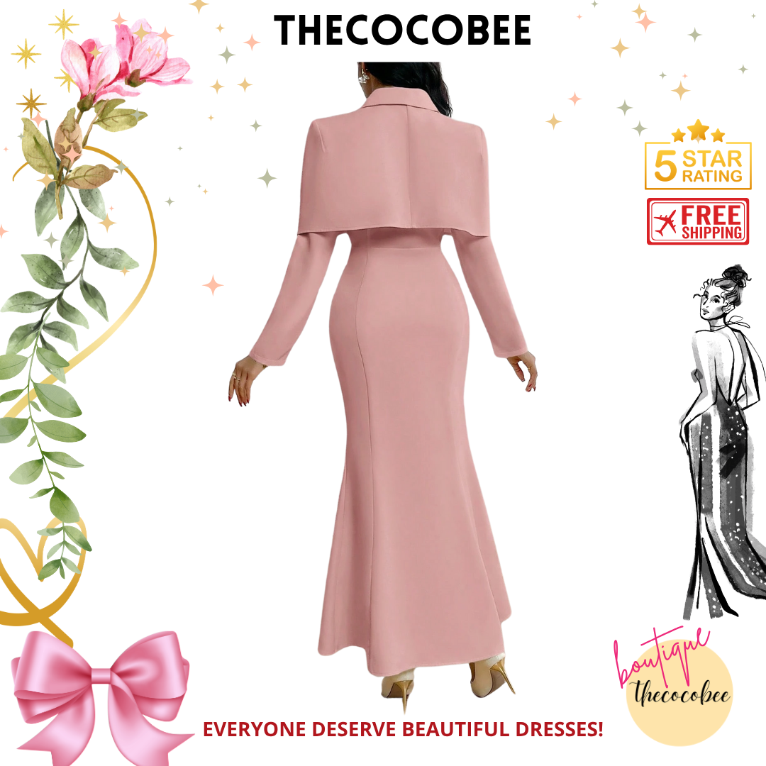 #124 Pink Double Button Cape Design Mermaid Hem Elegant Dress