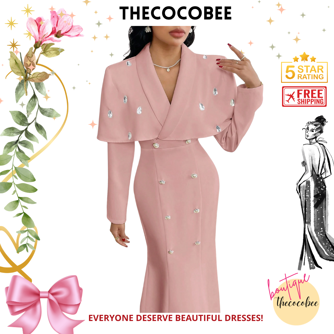 #124 Pink Double Button Cape Design Mermaid Hem Elegant Dress