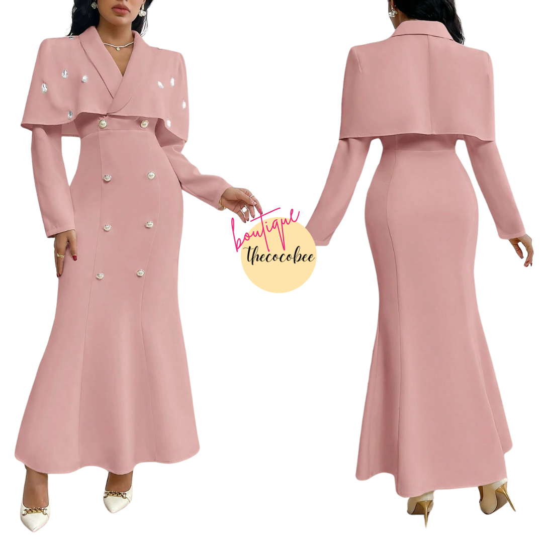 #124 Pink Double Button Cape Design Mermaid Hem Elegant Dress