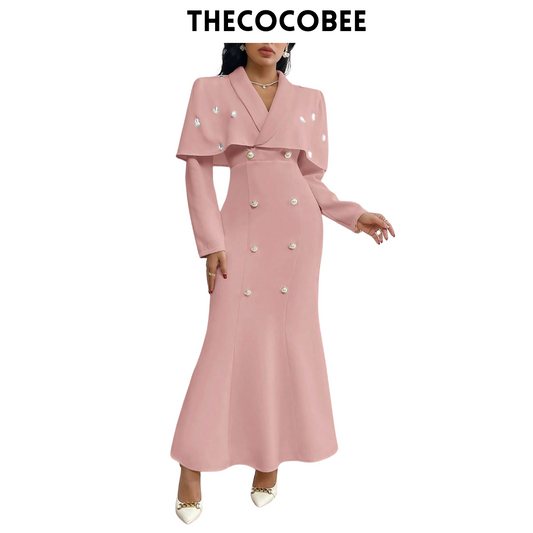 #124 Pink Double Button Cape Design Mermaid Hem Elegant Dress