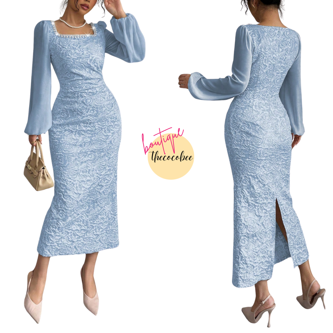 #125 Blue Apricot Linked Mixed Material Intarsia Waisted Bodycon Dress