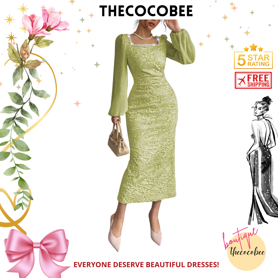#125 Light Green Contrast Material Patchwork Apricot Chain Intarsia Waisted Bodycon Dress