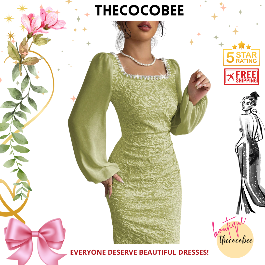 #125 Light Green Contrast Material Patchwork Apricot Chain Intarsia Waisted Bodycon Dress