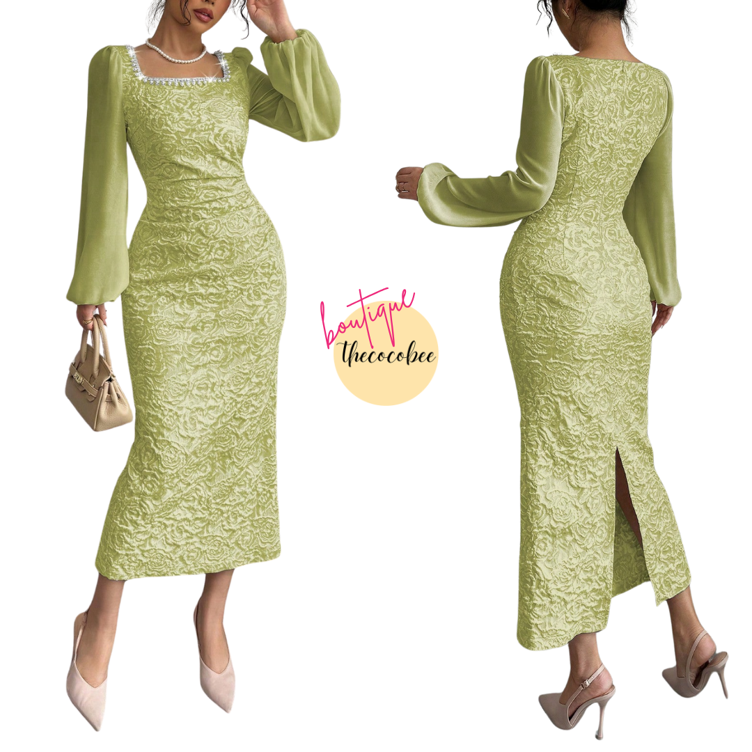 #125 Light Green Contrast Material Patchwork Apricot Chain Intarsia Waisted Bodycon Dress