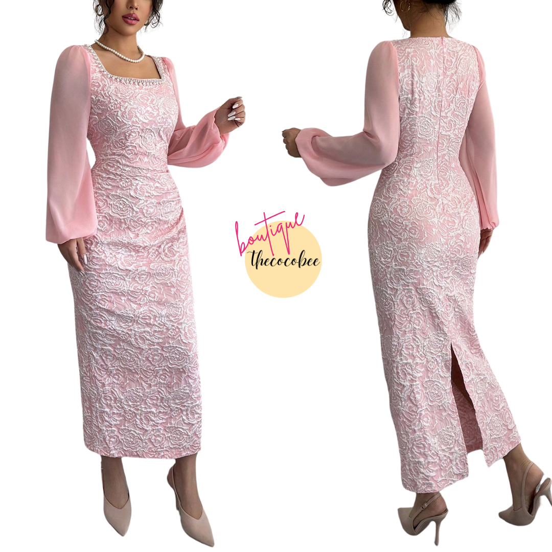 #125 Pink Apricot Color Chain Jacquard Waist Fitted Flare Mini Dress