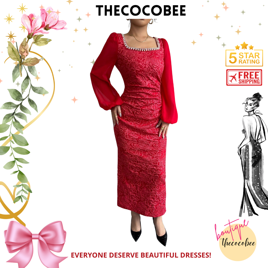 #125 Red Beige Color-Block Chain Patterned Waisted Bodycon Dress