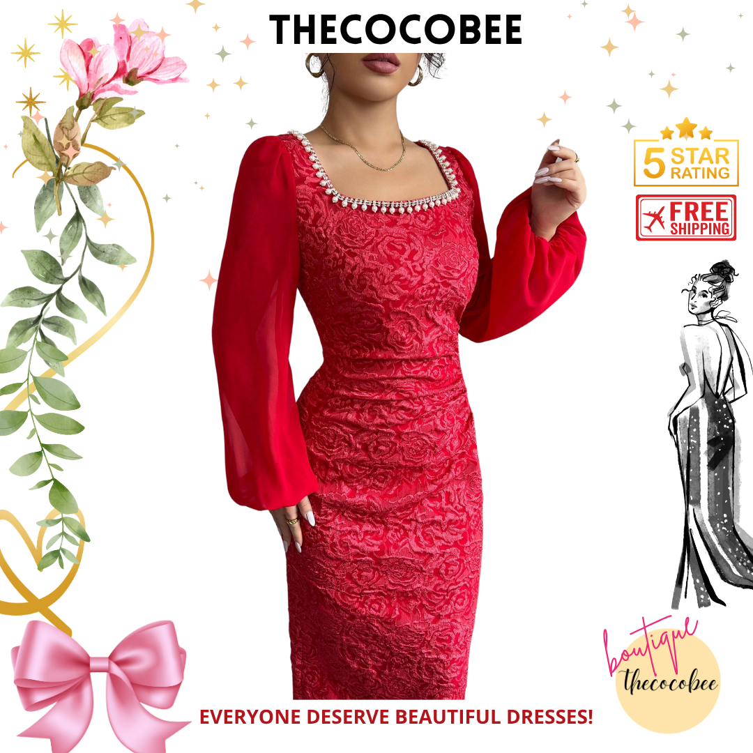 #125 Red Beige Color-Block Chain Patterned Waisted Bodycon Dress