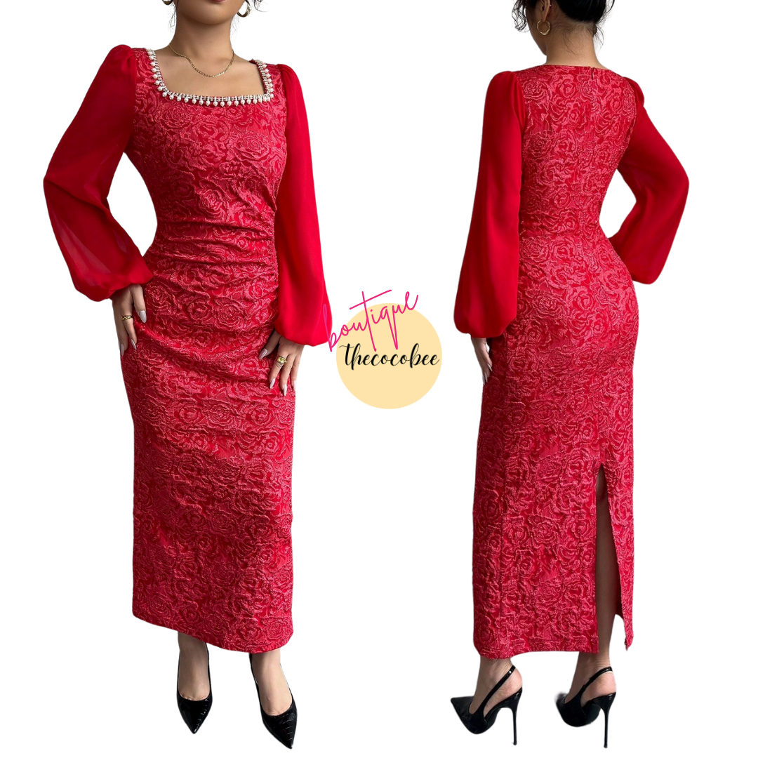 #125 Red Beige Color-Block Chain Patterned Waisted Bodycon Dress