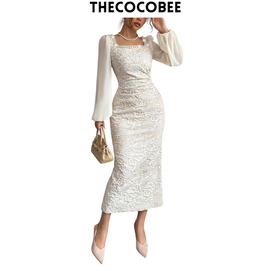 #125 Apricot Color Patchwork Chain Intarsia Waist Fitted Bodycon Dress