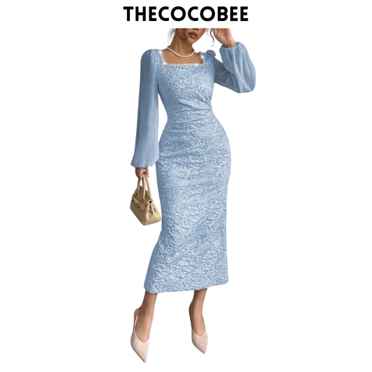 #125 Blue Apricot Linked Mixed Material Intarsia Waisted Bodycon Dress