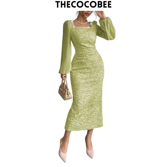 #125 Light Green Contrast Material Patchwork Apricot Chain Intarsia Waisted Bodycon Dress