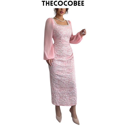 #125 Pink Apricot Color Chain Jacquard Waist Fitted Flare Mini Dress