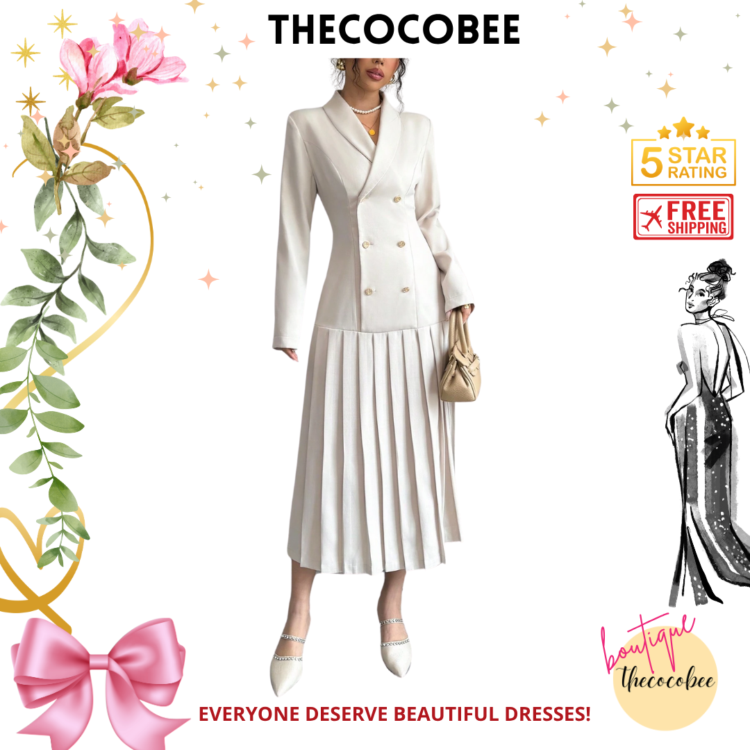 #126 Apricot Elegant Commuter Turn-Down Collar Double-Breasted Cinched Waist Pleated Hem Long Sleeve Long Dress, Spring/Autumn/Winter Maxi Women Outfit