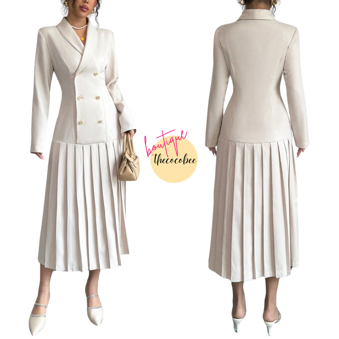 #126 Apricot Elegant Commuter Turn-Down Collar Double-Breasted Cinched Waist Pleated Hem Long Sleeve Long Dress, Spring/Autumn/Winter Maxi Women Outfit