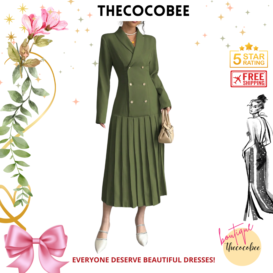 #126 Army Green Elegant Commuter Turn-Down Collar Double-Breasted Cinched Waist Pleated Hem Long Sleeve Long Dress, Spring/Autumn/Winter Maxi Women Outfit