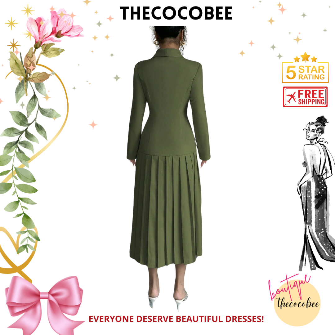 #126 Army Green Elegant Commuter Turn-Down Collar Double-Breasted Cinched Waist Pleated Hem Long Sleeve Long Dress, Spring/Autumn/Winter Maxi Women Outfit