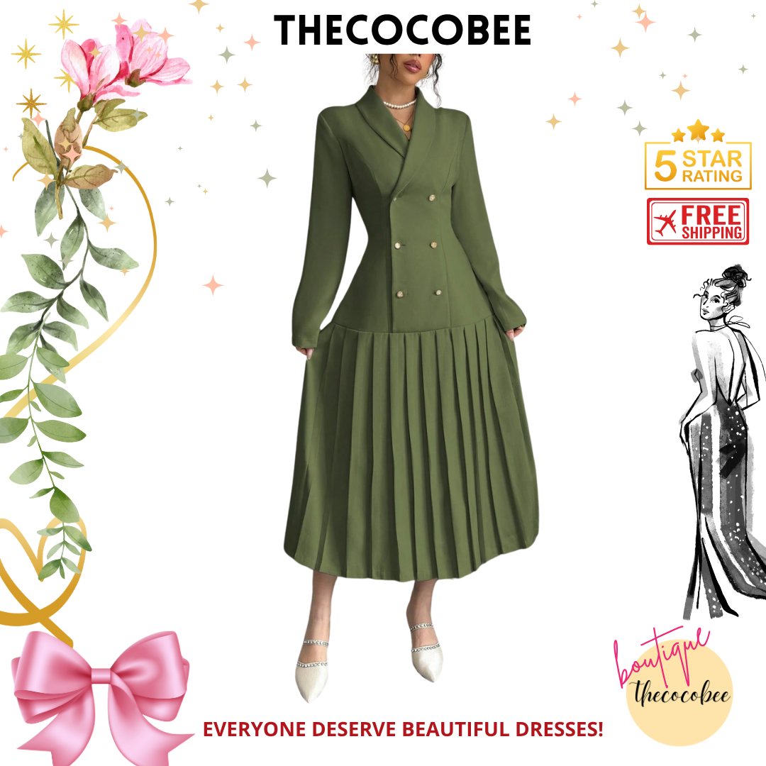 #126 Army Green Elegant Commuter Turn-Down Collar Double-Breasted Cinched Waist Pleated Hem Long Sleeve Long Dress, Spring/Autumn/Winter Maxi Women Outfit